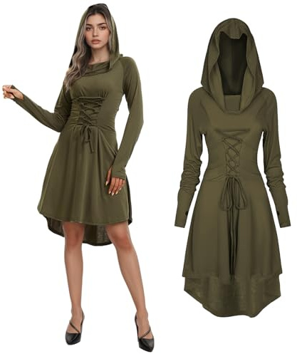 JDFAIJEAL Abito gotico medievale da donna, costume rinascimentale con cappuccio a maniche lunghe, costume retrò, costume da elfo, cosplay, Halloween, carnevale, Verde militare, S