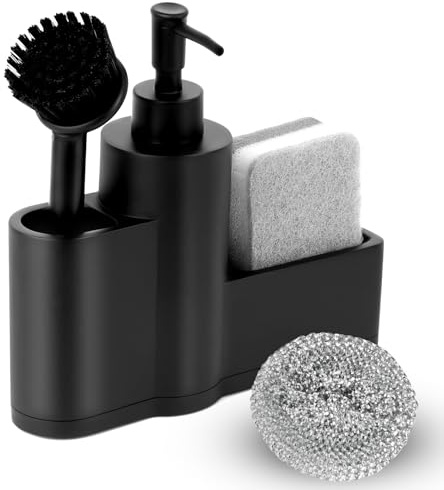 Haisheng 1 Set Kitchen Soap Dispenser, Matte Black Sink Organiser with Sponge, Brush, Stainless Steel Scrubber Set for Sink Caddy, 200ML Soap Dispenser Pump for Kitchen and Bathroom