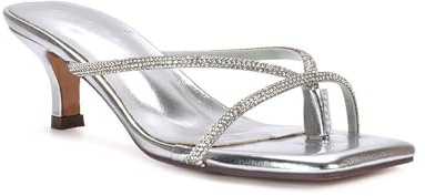 ESSEX GLAM Women's Diamante Sandals Ladies Kitten Low Heel Strappy Toe Post Flip Flop Mule Rhinestore Shoes Size 3-8