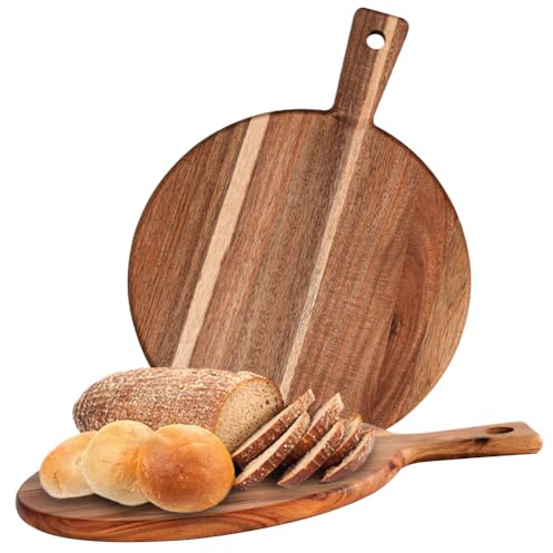 Lot de 2 assiettes à pizza en bois de 30 cm de diamètre - Planche à pizza ronde en bois d'acacia - Grande planche à découper avec poignée - Pour pizza, foccacia ou pain (bois d'acacia)