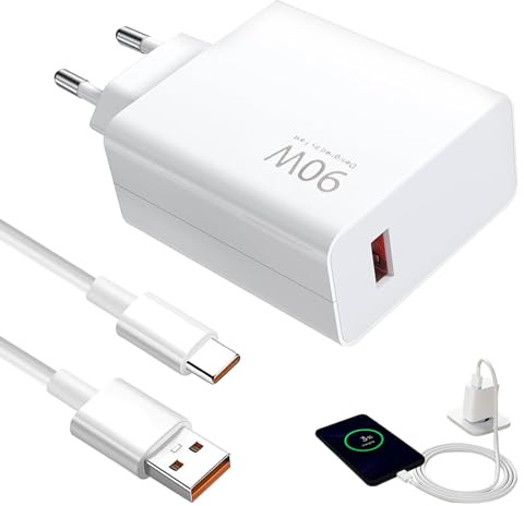 90W Presa Caricabatterie Rapido, Caricatore USB con Cavo USB C 1M per Smartphone, Compatibile con Xiaomi 14T 14 Ultra 13T Pro 13 Lite 13 12T per Redmi Note 12 POCO X6 Pro X6 X4