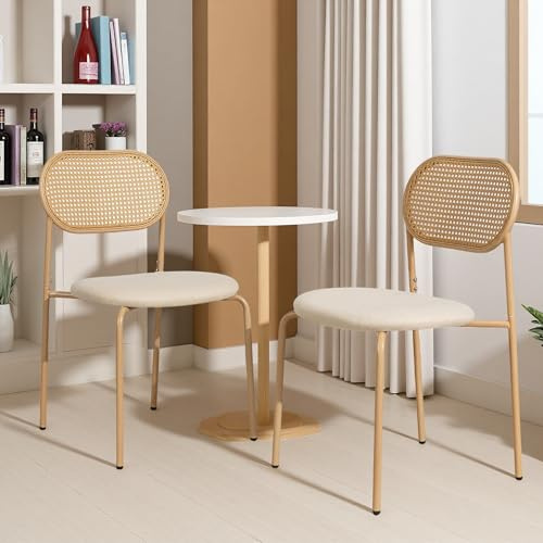 Poeahu Lot de 2 Chaises de Salle à Manger, Chaise Bistrot avec Dossier en Rotin et PU Siège Rembourré et 4 Pieds Reglables, Fauteuil de Dîner Rétro pour Cuisine, Salon, Beige