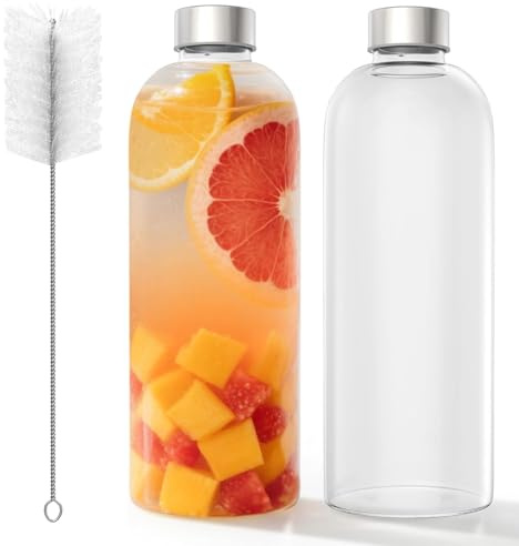 UISEBRT Glastrinkflasche 1000ml – Wasserflasche aus Borosilikatglas mit Edelstahldeckel im 2er Set – auslaufsicher, spülmaschinenfest, temperaturbeständig – ideal für Zuhause, Schule & Outdoor