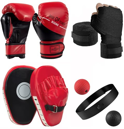 4-in-1 Boxing Gloves and Punching Mitts Set for Kids, Youth Boxing Gloves Focus Pads with Reflex Ball, Kids Sparring Equipment for MMA, Karate, Muay Thai, Taekwondo