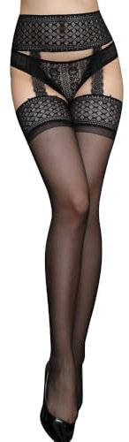 XFSRG Collant Femme Porte Jaretelles Sexy Dentelle Floral Motif Brodé Bas Nylon Jarretelle Élégant Ensemble Transparent Attache Réglable Séduction Soirée 7050