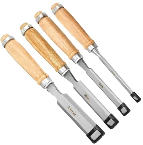 4 PCS Wood Chisel Set – High Carbon Steel Woodworking Carving Tools with 1/4, 1/2, 3/4, 1 (6mm, 12mm, 19mm, 24mm) Blades & Easy-Grip Handles for Wood Carving, Furniture Repair & DIY