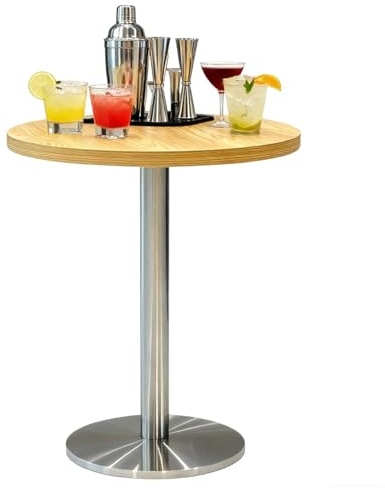 Preferspace Runder Stehtisch aus Edelstahl mit Tischplatte aus MDF in Holzoptik for den Innen- und Außenbereich, gewerbliche und Private Nutzung
