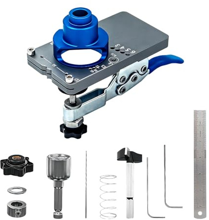 Scharnier Bohrschablone 35mm Topfscharnier Jig Aluminiumlegierung Möbelbau | Für 12-25mm Holz, 5mm Randabstand, 10-15mm Bohrtiefe. Blaue Schnellklemme mit Tiefenanschlag, Schränke, Türen, Fenster