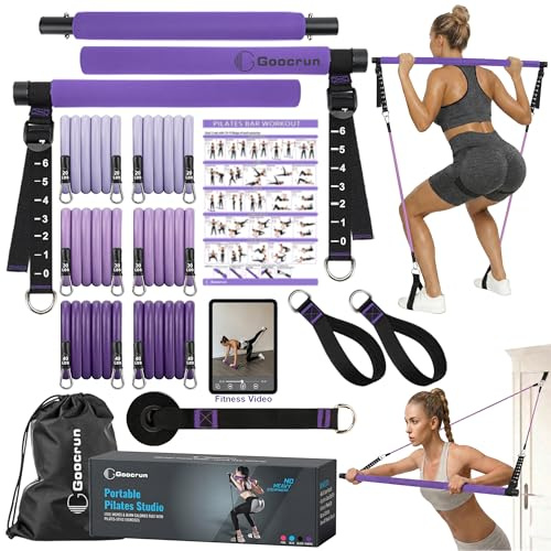 Goocrun Tragbares Pilates-Stangenset von mit Widerstandsbändern für Männer und Frauen – 3er-Set Übungsbänder – Heim-Fitnessstudio, Workout-Set zur Körperstraffung – mit Fitness-Poster und Video
