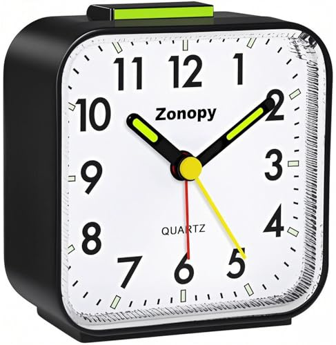 Zonopy Réveil analogique silencieux avec veilleuse, fonctionne avec piles, alarme forte, répétition, écran lumineux, design portable, horloge de voyage, rentrée scolaire