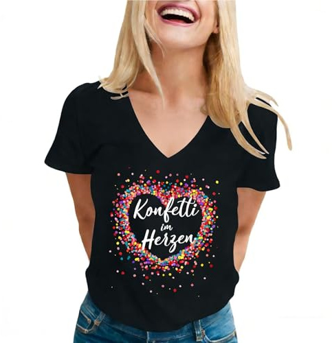 Konfetti im Herzen T-Shirt Damen - Konfetti im Herzen bunt Herz Geburtstag Karneval Fasching Fastnacht Damen T-Shirt mit V-Ausschnitt 2026