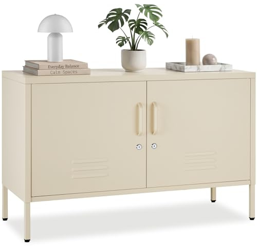 tectake® Sideboard, 100 x 42,5 x 65 cm, mit Magnetverschluss, Verstellbarer Zwischenboden, abschließbar, Metall, rutschfest, solides Stahlgestell, minimalistischer Look, Schraubfüße, Kommode - Creme
