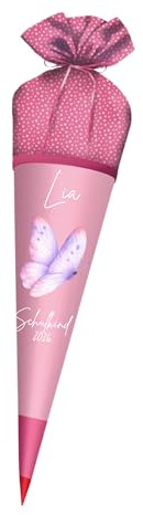 Generisch Personalisierte Schultüte aus Stoff mit Name – Rosa/Pink Zuckertüte für Mädchen – Wunschmotiv – Einschulung 2026 – Schultüte personalisiert (Schmetterling)