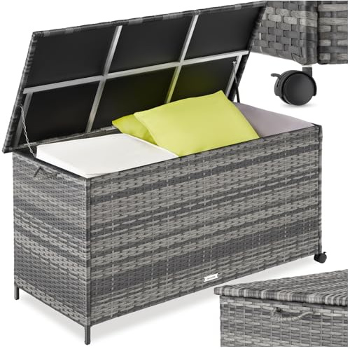 tectake® Rattan Garden Storage Box in UV-Resistant Polyrattan, 253L Outdoor Storage Box with Lockable Swivel Wheels, Aluminium Frame & Gas Spring, Balcony, Patio & Garden Cushion Storage - Grey