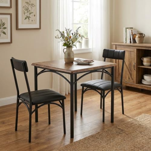 GarveeHome Kompaktes 3-teiliges Esszimmer-Set für 2 Personen – Quadratischer Küchentisch mit 2 gepolsterten Stühlen – Platzsparendes Essgruppenset