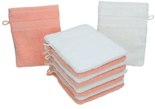 Betz Paquete de 10 Piezas de Manoplas de baño Palermo 100% algodón Juego de Guantes para lavarse tamaño 16x21 cm de Color Blanco y Albaricoque