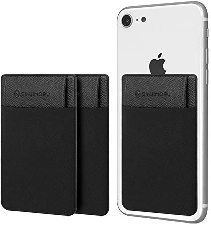 Sinjimoru Secure Card Holder for Back of Phone, Stretchy Fabric Cell Phone Wallet Stick On Credit Card Case for iPhone & Android. Sinji Pouch Flap Black [3PACK]