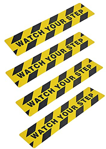 Watch Your Step - Nastro Adesivo Antiscivolo per Pavimenti, 15 x 60 cm, Adesivo Antiscivolo per la Sicurezza sul Posto di Lavoro, Casa, Pavimento Bagnato, Attenzione, Confezione da 4