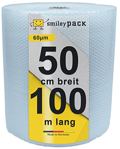 smiley pack 1 x Luftpolsterfolie Breite 0,5 x 100 m Bubble Wrap Polsterfolie Fläche 50 qm Dicke 60 my Bläschenfolie Noppenfolie Einpackfolie Blisterfolie Luftpolster Verpackungsmaterial (1)