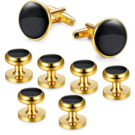 FASACCO Manschettenknöpfe für Herren, klassische Manschettenknöpfe und Nieten, Schwarz, Gold, Silber, Smoking, Hemden, Manschettenknöpfe für Business-Hochzeit, 8-teilig, Edelstahl, Edelstahl