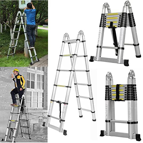 2,5m+2,5m Teleskopleiter Klappleiter, Aluminium Mehrzweckleiter mit Stabilisator, rutschfest Verlängerungsleiter Anlegeleiter Haushaltsleiter, 150kg Tragkraft, EN131