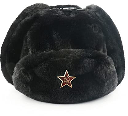 DEPAJA Russische Mütze Damen Sowjetisches Abzeichen Russische Uschanka Pilot Bombermütze Herren Kunstpelz Armee Militär Winter Trapper Ohrenklappen Schneekappen, Sowjetischer Stern Bk, 55-60 cm