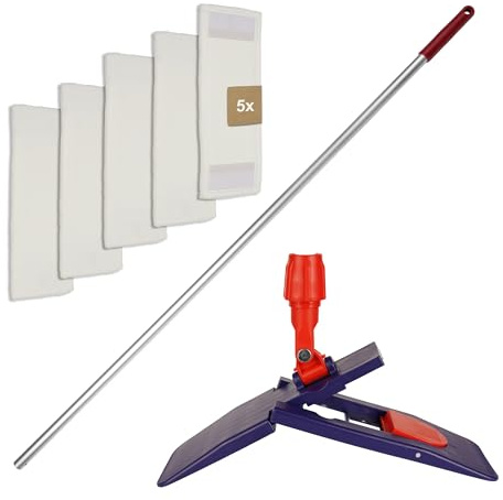 G.I.V. Bodenwischer Set 40cm Klapphalter mit Trittmechanik & Magnetverschluss + Aluminiumstiel Rot - inkl. 5X Mikrofasermopp Bezug - Wischer Bodenreinigung - Gebäudereinigung