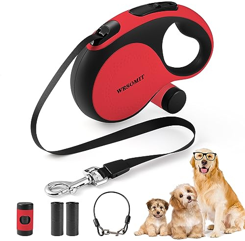 WRSOMIT 26 Ft Retractable Dog Leash with Chew Proof Cable - Red