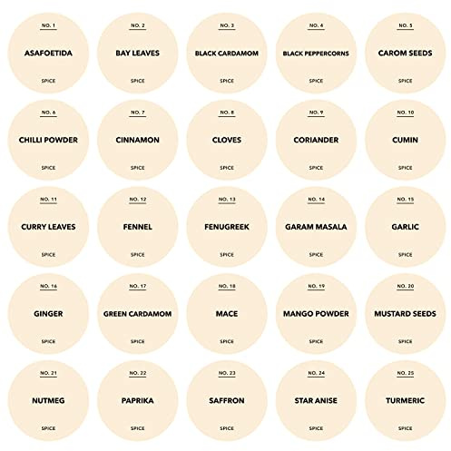 Spice Jar Labels - Water Resistant 37mm Satin Plastic Stickers - Design 1 (Parchment, Top 25 Indian Spices)