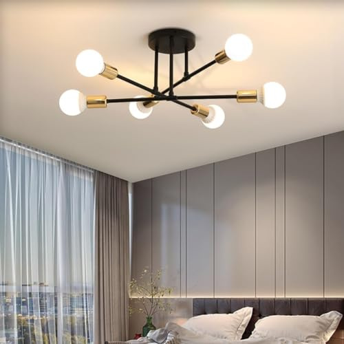 Dorlink Modern Chandelier Light, 6 Lights Industrial Semi Flush Mount Ceiling Lamp, Chandelier Lighting for Living Room Bedroom Kitchen Dining Room Hallway E27 (Black with Gold)