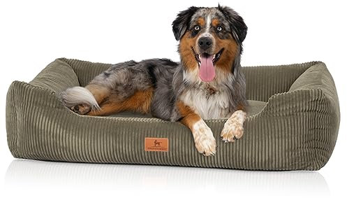Knuffelwuff Hundebett aus Cord mit Handwebcharakter Olivia XL 105 x 75cm Khaki - Abnehmbarer Bezug - waschbar - für große, mittelgroße und kleine Hunde