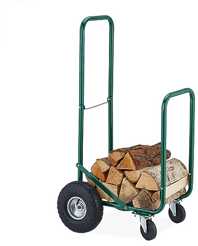 Relaxdays Kaminholzwagen mit Luftreifen, 360° Rollen, Holzwagen bis 60 kg, für 33 cm Scheite, Brennholz-Sackkarre, grün, Stahl, 108 x 52 x 56 cm