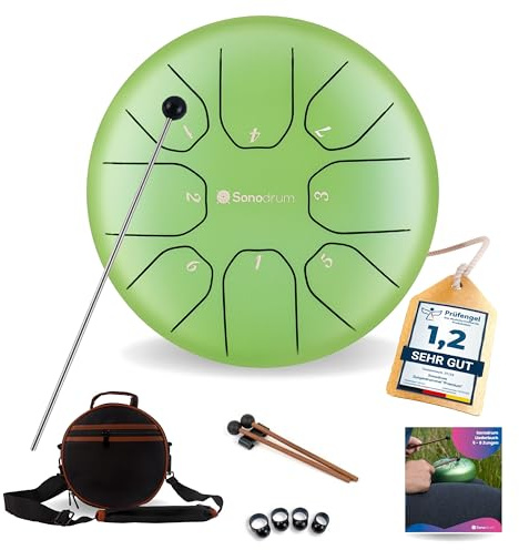 Sonodrum Zungentrommel Standard C - Dur in Grün - 20 cm klein mit 8 Tönen - Steel Tongue Drum inkl. Liederbuch, Schlägel, Fingersticks und Tragetasche - Notenlesen nicht nötig, einfach zu spielen.