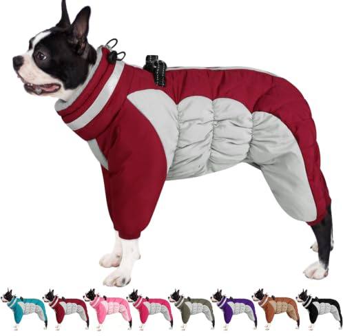 AOFITEE Winteroverall für Hunde - Wasserdichter XS Hundemantel Kleine Hunde mit Beinen, Winter Warmer Hundejacke mit Geschirr Gefütterter Hundeoverall, Wintermantel Hund für Chihuahua, Yorkie, Rot