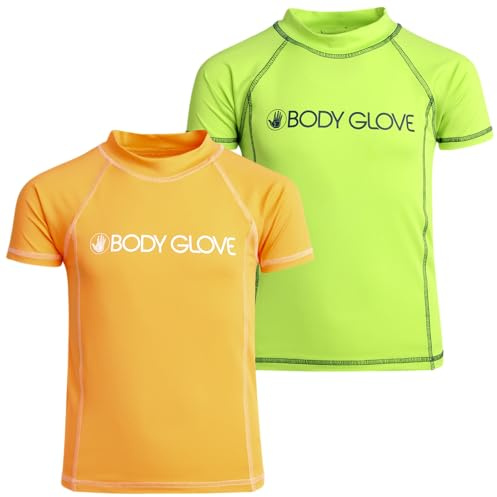 Body Glove Boys Swim Shirt - 2 Pack UPF 50+ Quick Dry Sun Protection Short Sleeve Rash Guard for Boys Kids Swimwear (2T-14), Size 3T, Lime/Orange