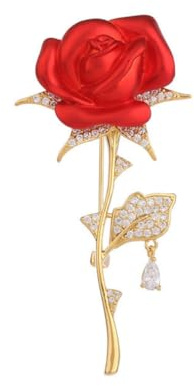 Broche florale rose rouge pour femme - Broche élégante en émail et strass - Accessoires de bijoux tendance pour femme et fille - Cadeau doré, Métal