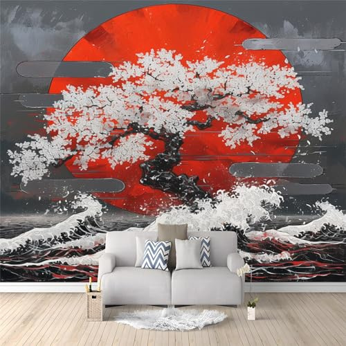 Murale Photo Papier Peint Décoration Intissé Tableaux Poster Muraux Tapisserie Vagues rouges panoramique Chambre Paysage Déco Salon Beauté des fleurs de cerisier japonais maison décorative