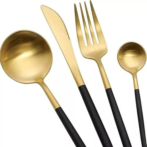 Black and Gold Stainless Steel Cutlery Set, 4 Piece Stainless Steel Silverware Set Service for 1, Black Handle Knife Fork Spoon Set. (1, Black)