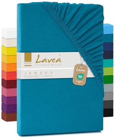 Lavea Jersey Spannbettlaken 90-100x200cm - 40cm Steg für Boxspringbetten - Aquamarin, Weich & Atmungsaktiv - Premium Qualität, Pflegeleicht, Perfekte Passform - Ideal für Boxspringbetten