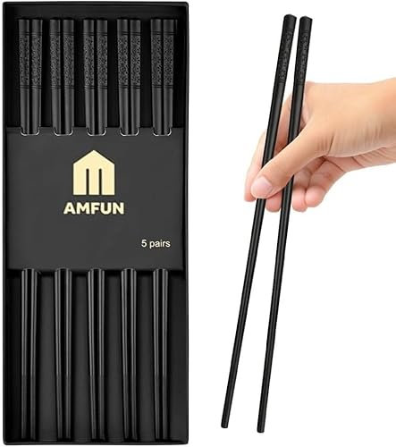 AMFUN Fiberglass Chopsticks, 5 Pairs Reusable Japanese Chinese Chop Sticks With Sakura Patterns, Dishwasher-Safe, Non-Slip Set for Sushi Noodles Rice