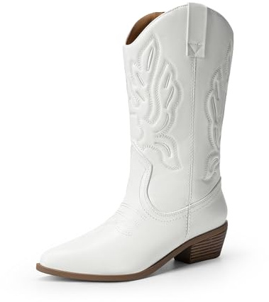 DREAM PAIRS Women's Cowboy Boots Waterproof Mid Calf Boots, Comfy and Fashionable Cowgirl Boots Embroidery Stitched Western Boots for Party and Dress Up,Size 8,White-Pu,DWUMMB2419