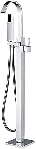 Robinet De Baignoire Monté Au Sol Avec Bec Cascade Avec Douchette À Main, Mitigeur De Baignoire Sur Pied En Nickel Brossé, Robinet De Lavabo Cadeau, Nickel Brossé,Chrome