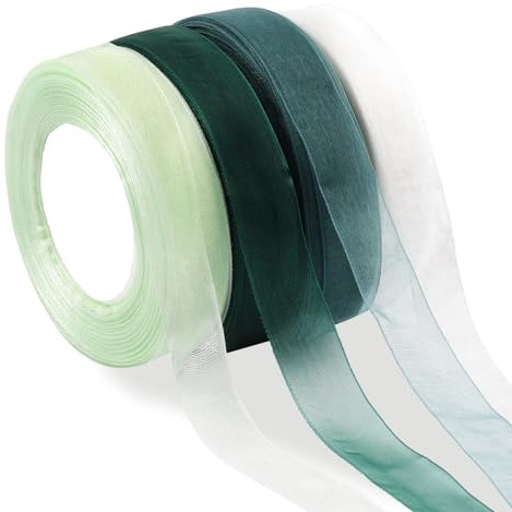 Schleifenband Grün,Weiß,Salbei/Eukalyptus Grün,4x Tüllband Geschenkband | 45m x 20mm, Transparentes Organza Bänder Deko, Chiffonband zum Basteln, Dekoband für Hochzeit Party