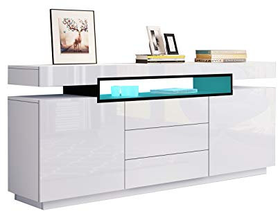 Ikewaier Sideboard Weiss Hochglanz mit Led Lights, Sideboard 160cm mit 2 Türen 3 Schubladen, Küchen Kommode Schrank, Holz TV-Ständer Schrank für Wohnzimmer, Esszimmer