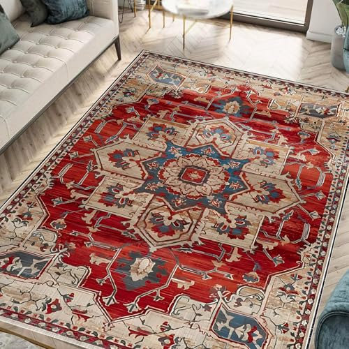 Taidianolp Teppich Wohnzimmer Deko,Vintage Schwarz Grau Rot Orange Creme Orientalisch,rot, 90 x 140 cm,Waschbar Kurzflor Teppiche Bodenschutzmatte für Hartböden