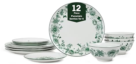 Stone Lain Esme 12-Piece Dinnerware Set Porcelain, Plates and Bowls Set, Dish Set for 4, Microwave and Dishwasher Safe, Green