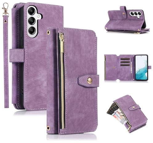 UEEBAI Wallet Case for Samsung Galaxy A26 5G, 9 Card Slots Retro Leather Wallet Shockproof Flip Cover with Hand Strap Card Slots Zipper Pocket Kickstand Handbag Magnetic Closure - Retro Purple