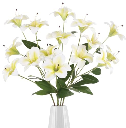 INSUNSIX 5 Pcs White Lily Artificial Flowers Realistic Faux Lilies 33.46” 3 Heads Blooming Lily with Long Stem for Room Home Bath Kitchen Centerpiece Tall Vase Outdoor Wedding Arrangement(White)