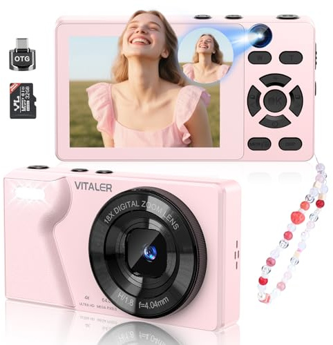 Vitaler Digital Camera with Front Rear Lens, Autofocus 64MP 4K Camera for Photography with 32GB Card, Portable Compact Point and Shoot Camera for Teens Adult Beginner with Metal Shell, 2000mAh Battery
