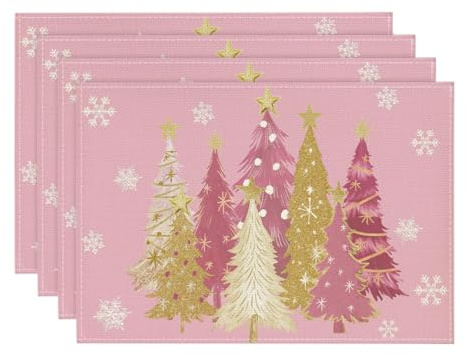 Artoid Mode Rosa Bäume Sterne Weihnachten Platzsets 4er Set, 30x45cm Winter Tischset Waschbar Platzdeckchen Küche Party Deko